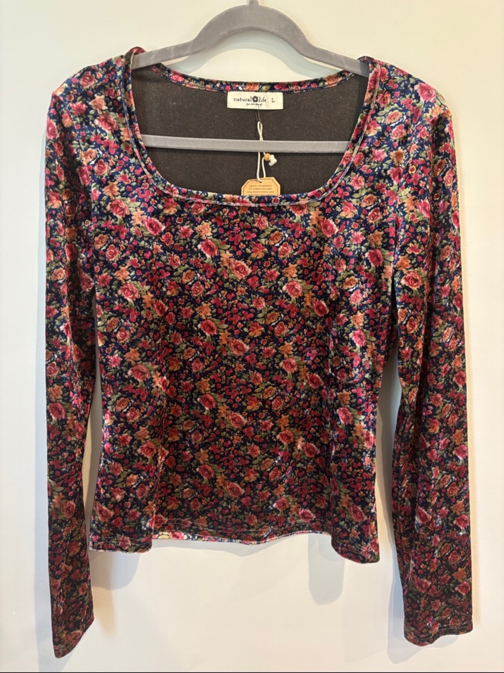 NWT NATURAL LIFE Floral Velvet Long Sleeve Top Size Large Boho